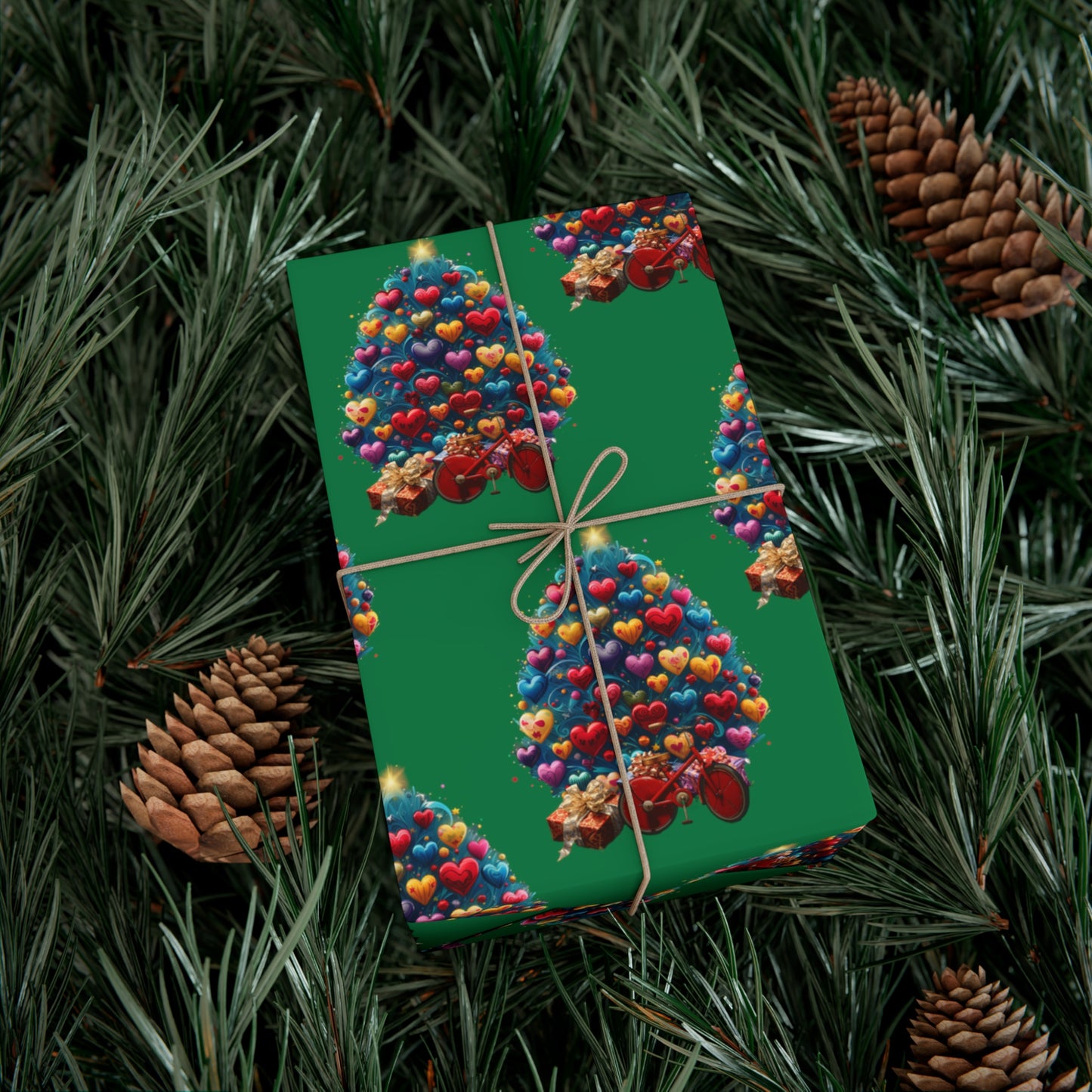 Gift Wrap Papers Christmas Tree with Hearts - green