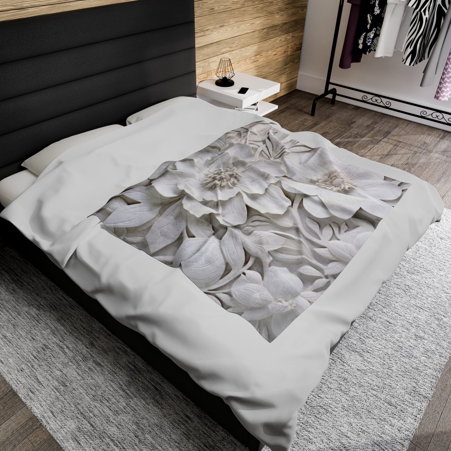 Velveteen Plush Blanket -  White Flowers