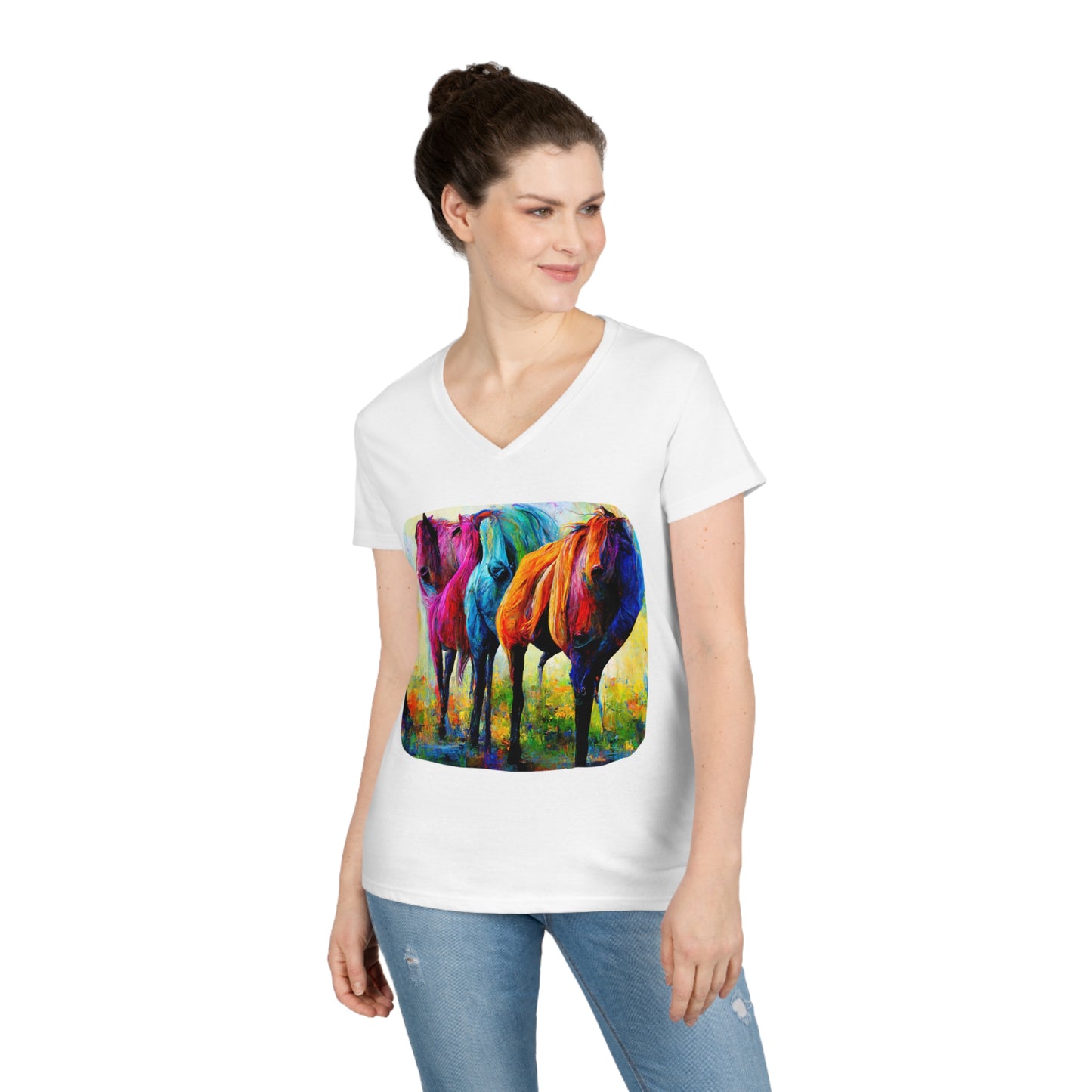 Ladies' V-Neck T-Shirt Horses 1