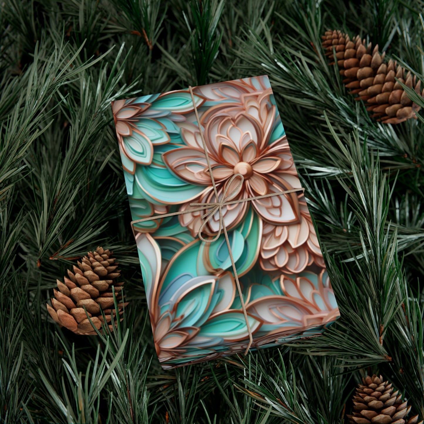 Gift Wrap Papers Rose Gold and Turquoise Cloisonne Flowers