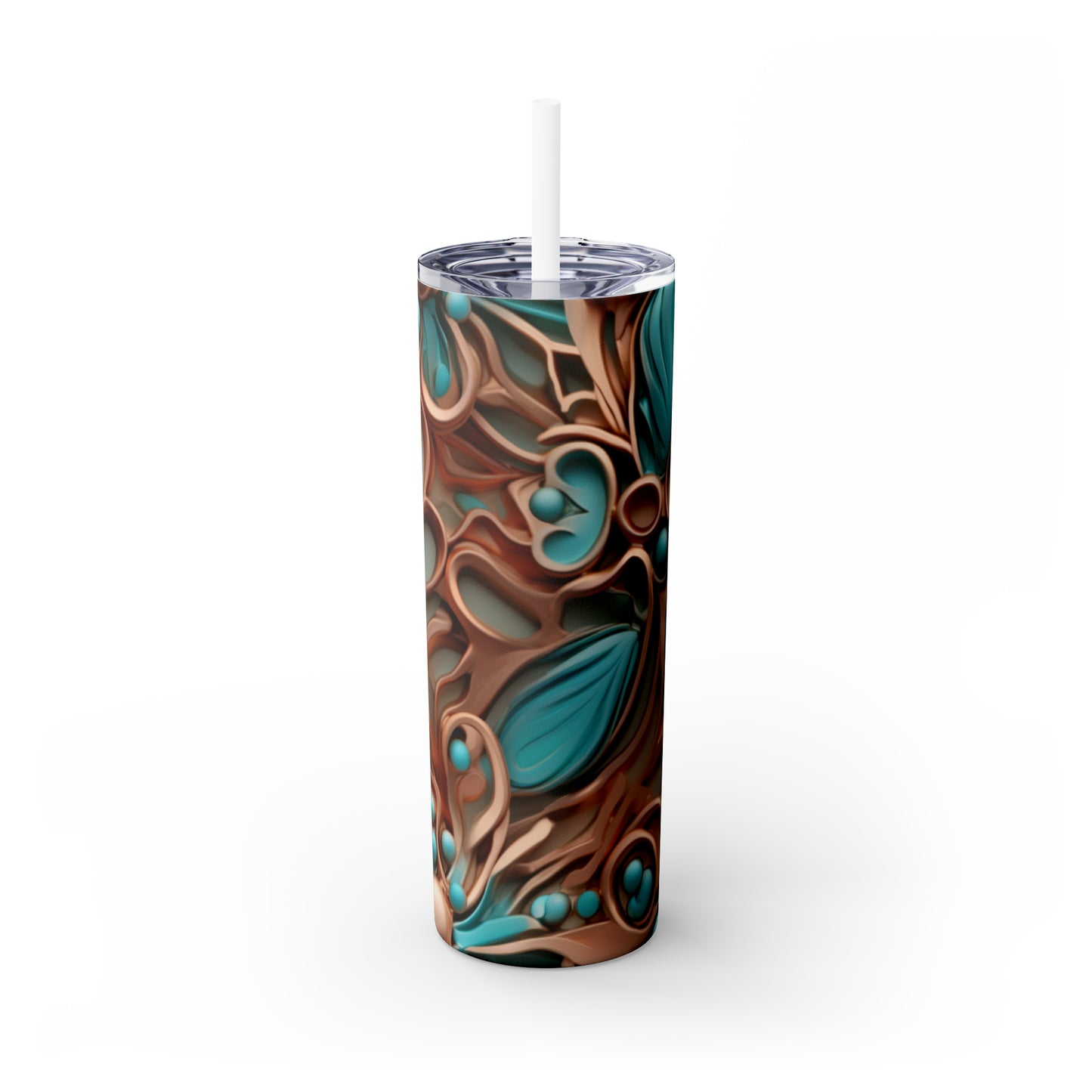 Skinny Tumbler with Straw, 20oz Copper and Turquoise Flowers