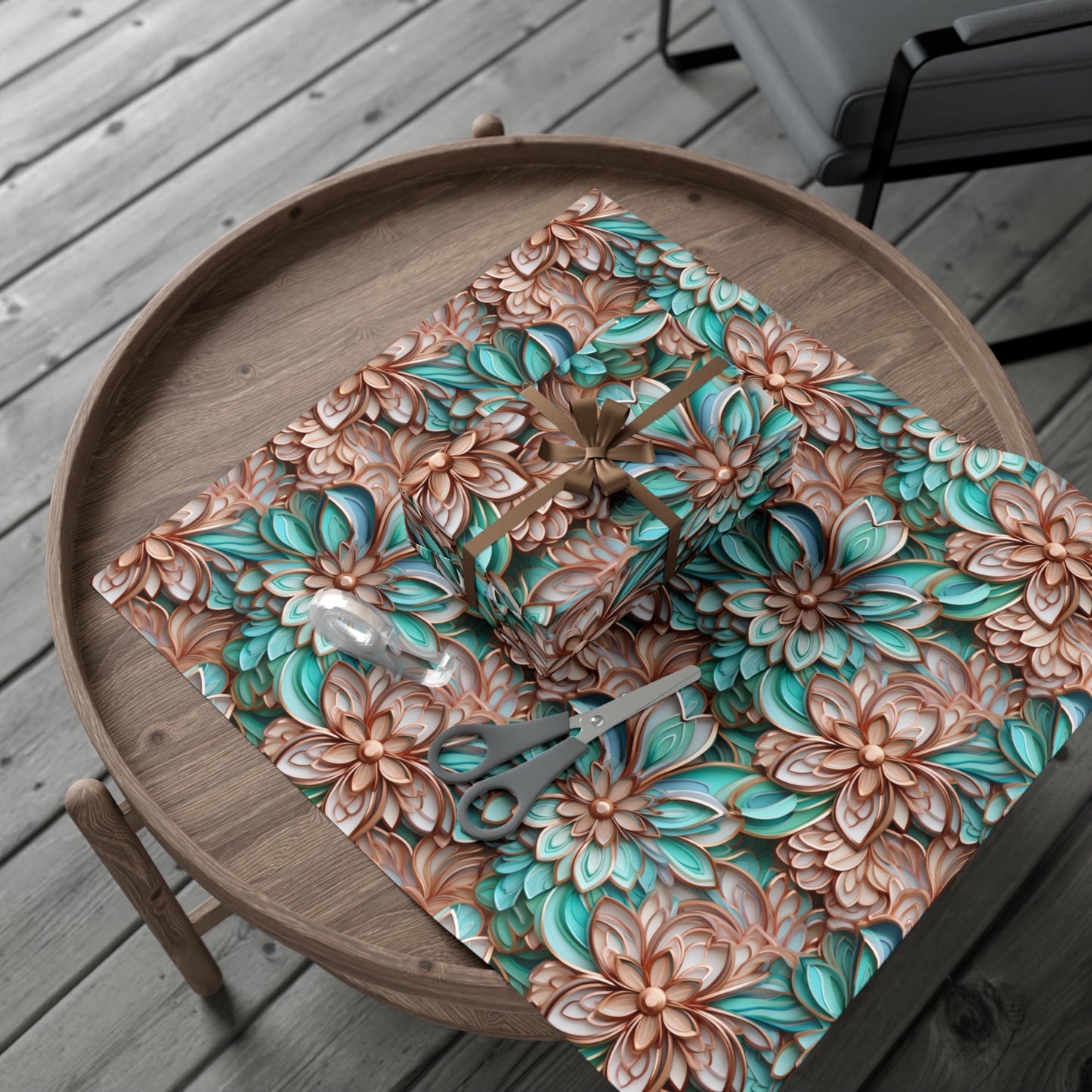 Gift Wrap Papers Rose Gold and Turquoise Cloisonne Flowers