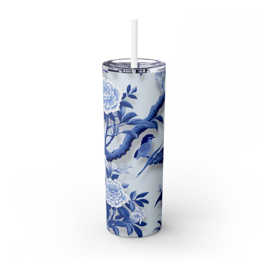 Skinny Tumbler with Straw, 20oz French Blue Chinoiserie