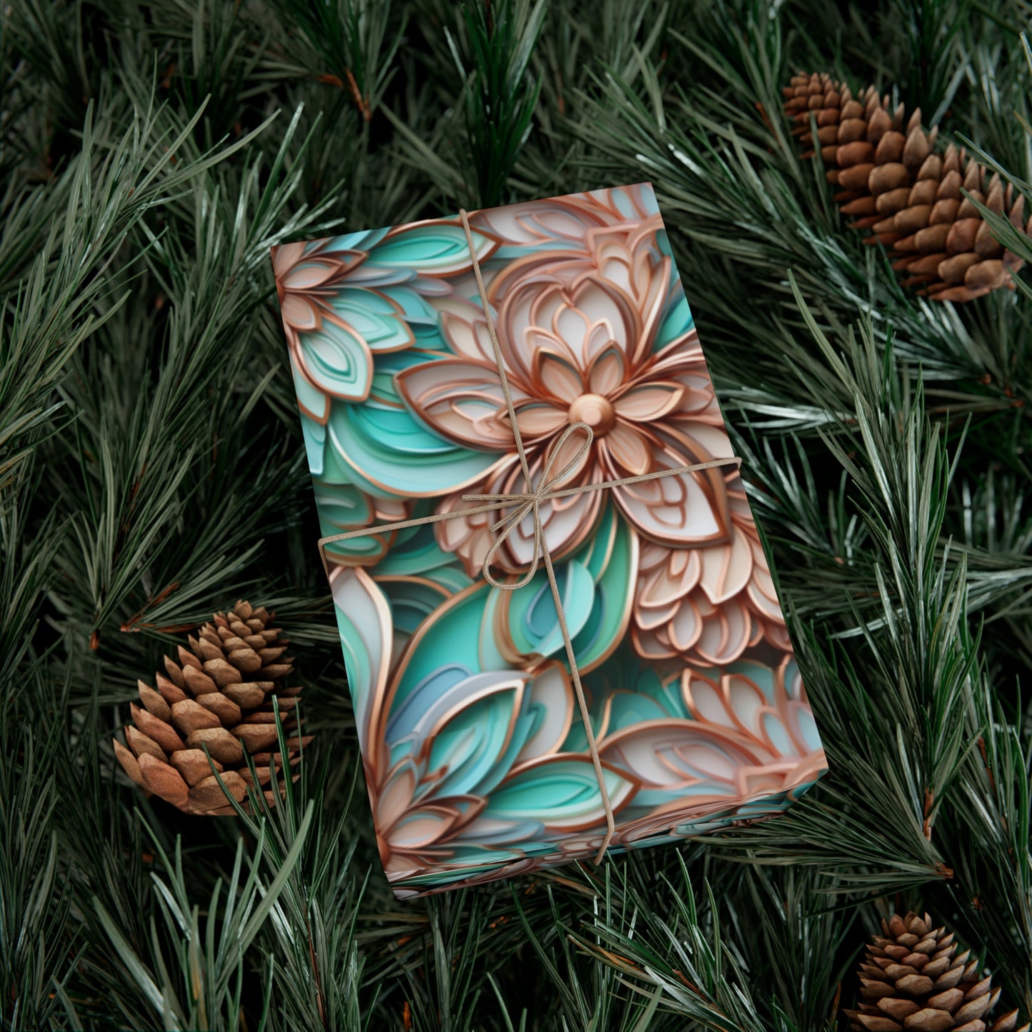 Gift Wrap Papers Rose Gold and Turquoise Cloisonne Flowers