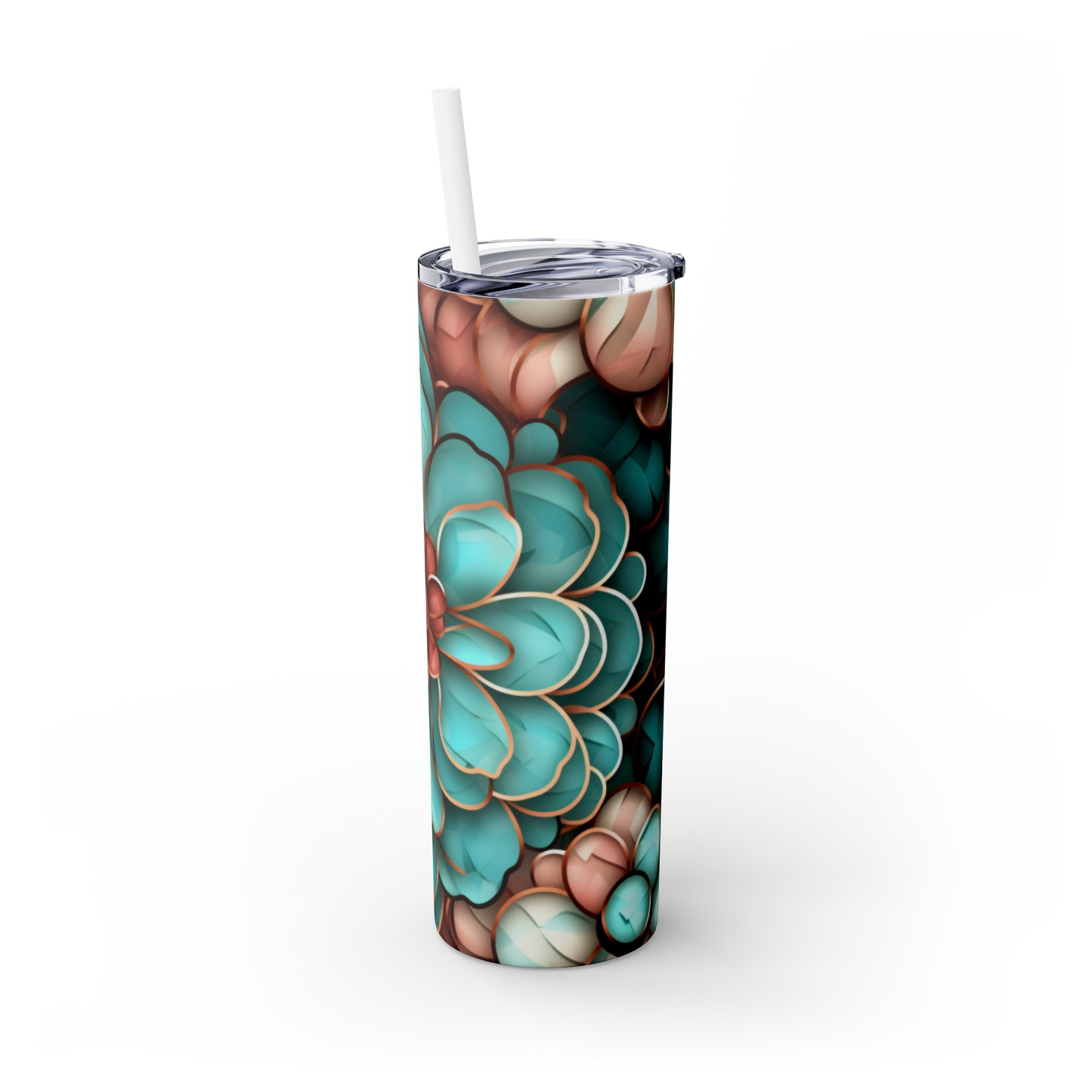 Skinny Tumbler with Straw, 20oz Rose Gold and Turquoise Flowers #2