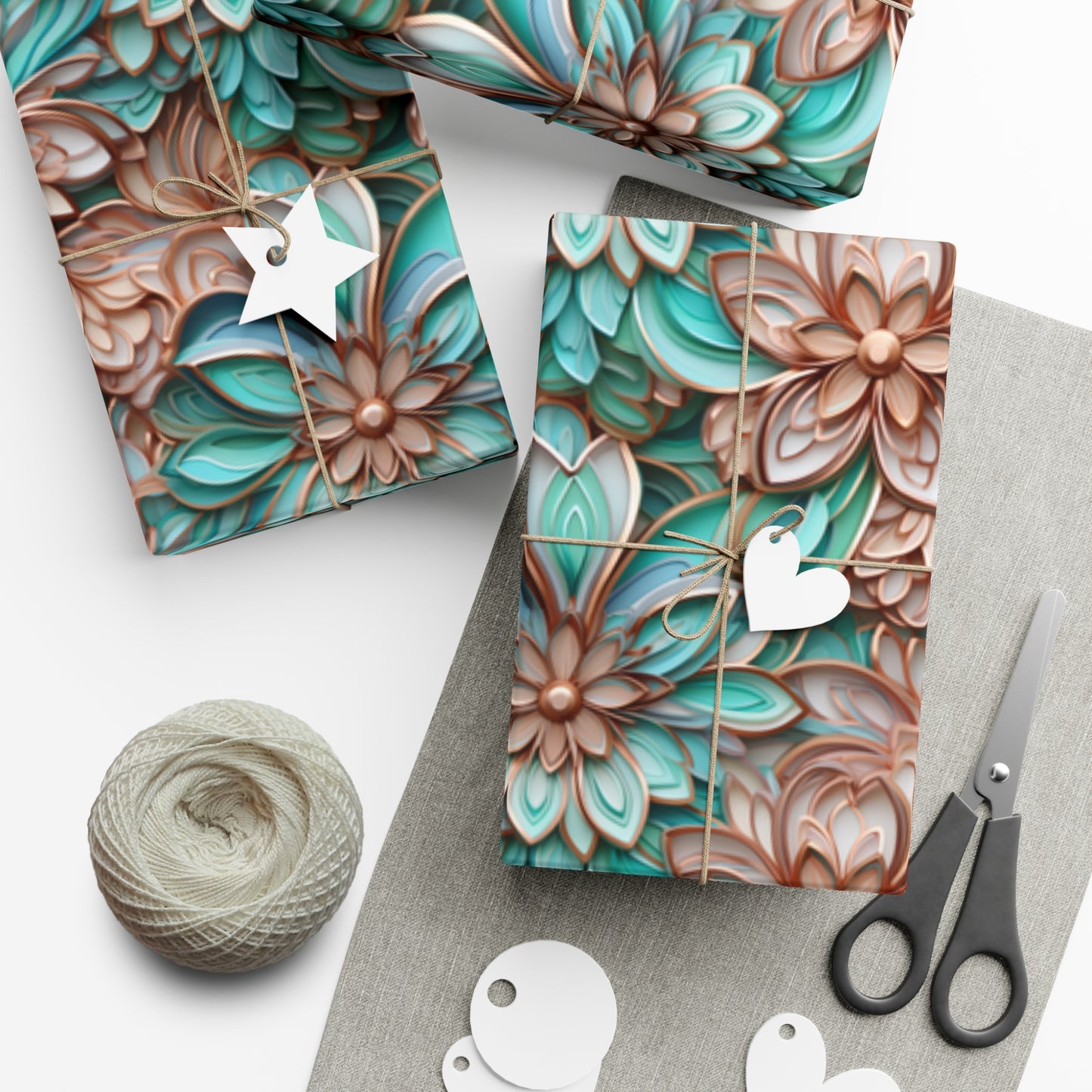 Gift Wrap Papers Rose Gold and Turquoise Cloisonne Flowers