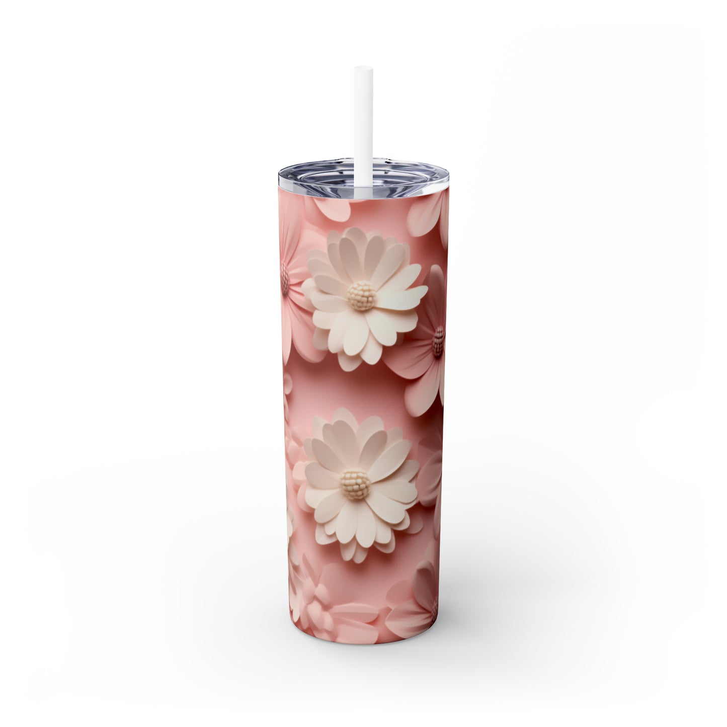 Skinny Tumbler with Straw, 20oz White and Pink Flowers #2