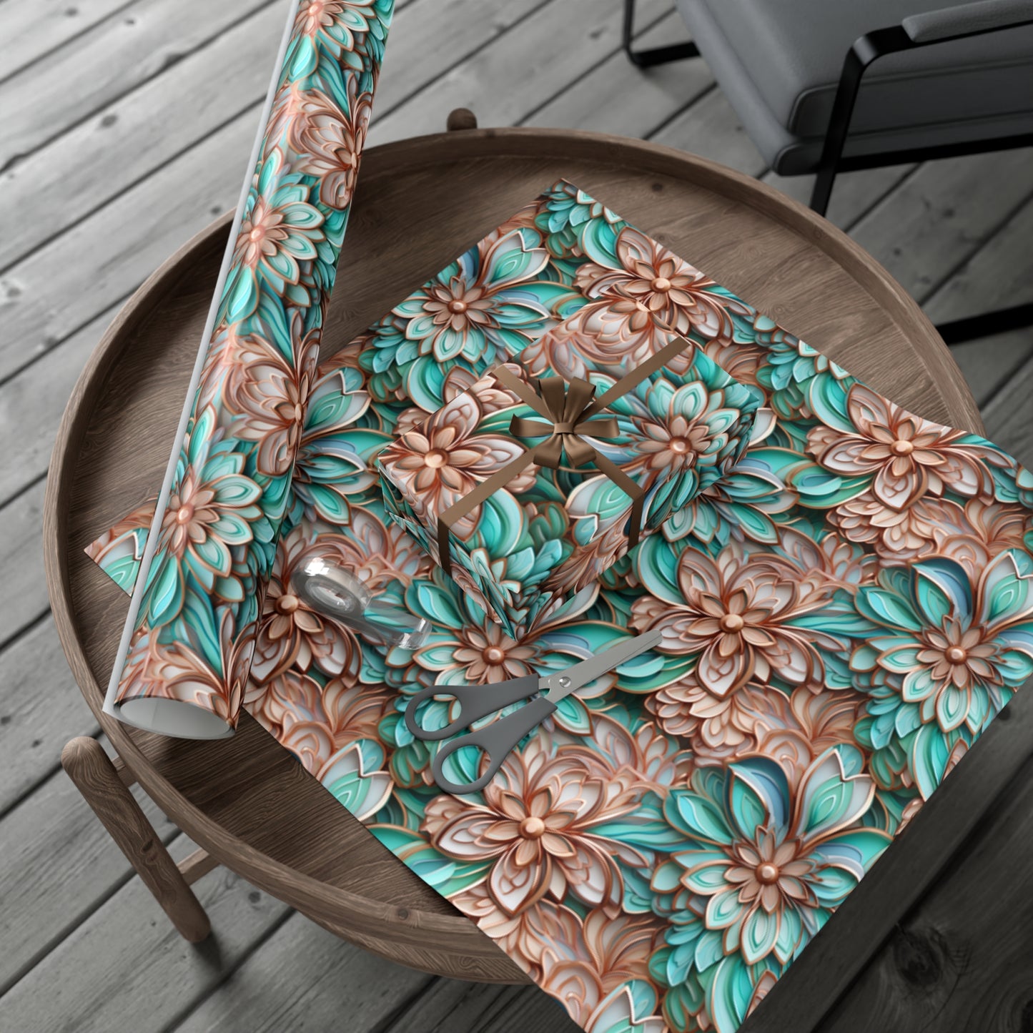 Gift Wrap Papers Rose Gold and Turquoise Cloisonne Flowers