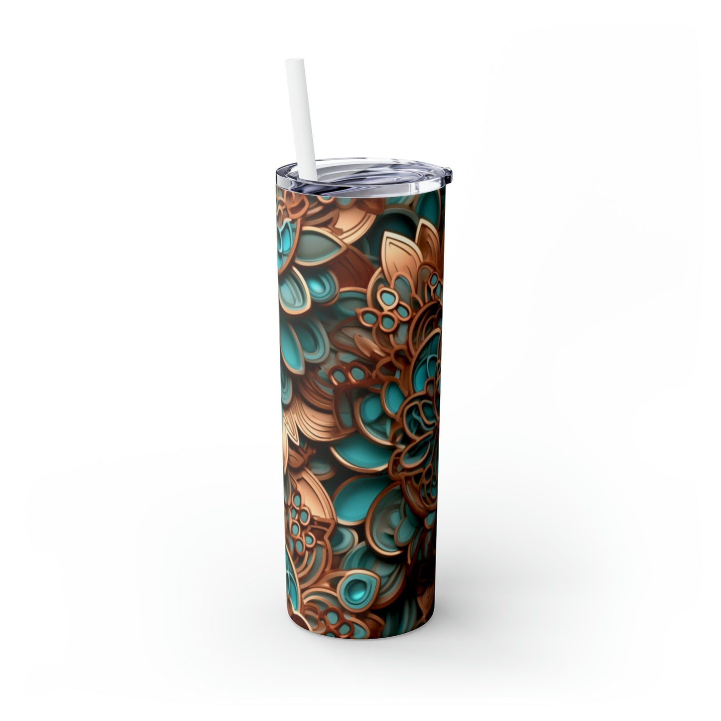 Skinny Tumbler with Straw, 20oz Copper and Turquoise Flower #2