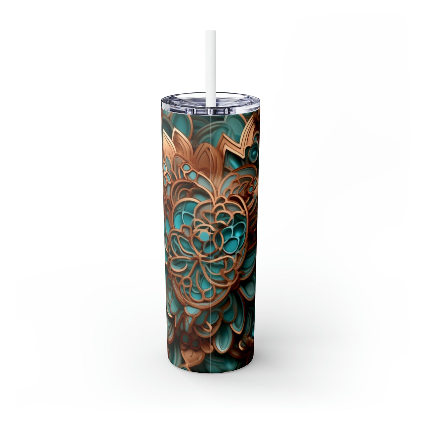 Skinny Tumbler with Straw, 20oz Copper and Turquoise Flower #2