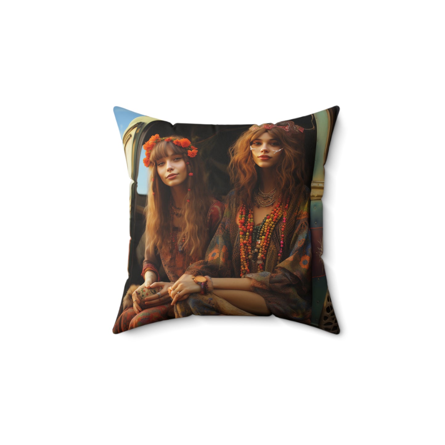 Spun Polyester Square Pillow Cowgirl and Hippie Girls