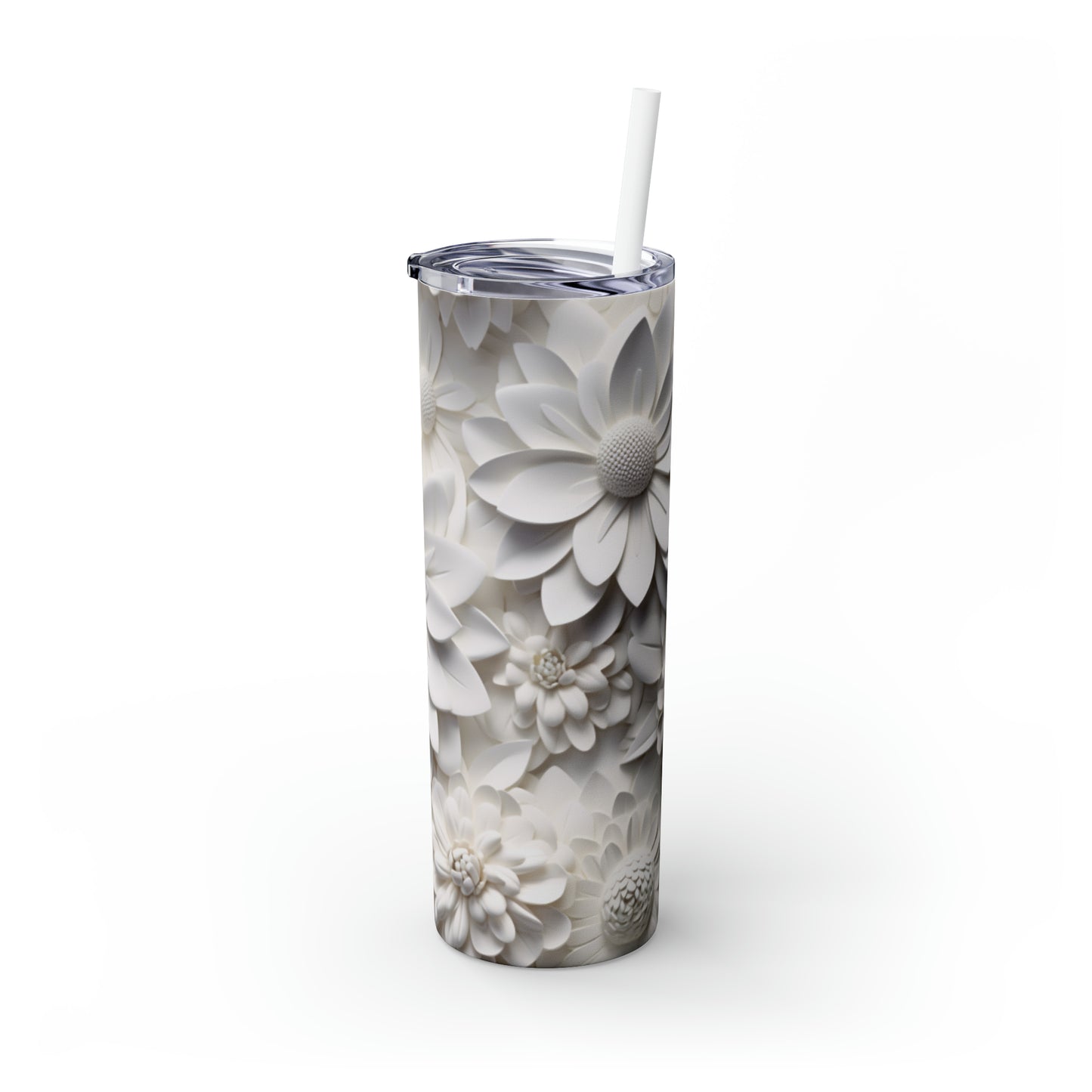 Skinny Tumbler with Straw, 20oz 3D White Flowers