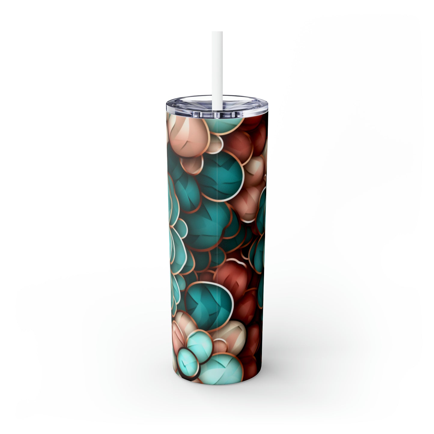 Skinny Tumbler with Straw, 20oz Rose Gold and Turquoise Flowers #2