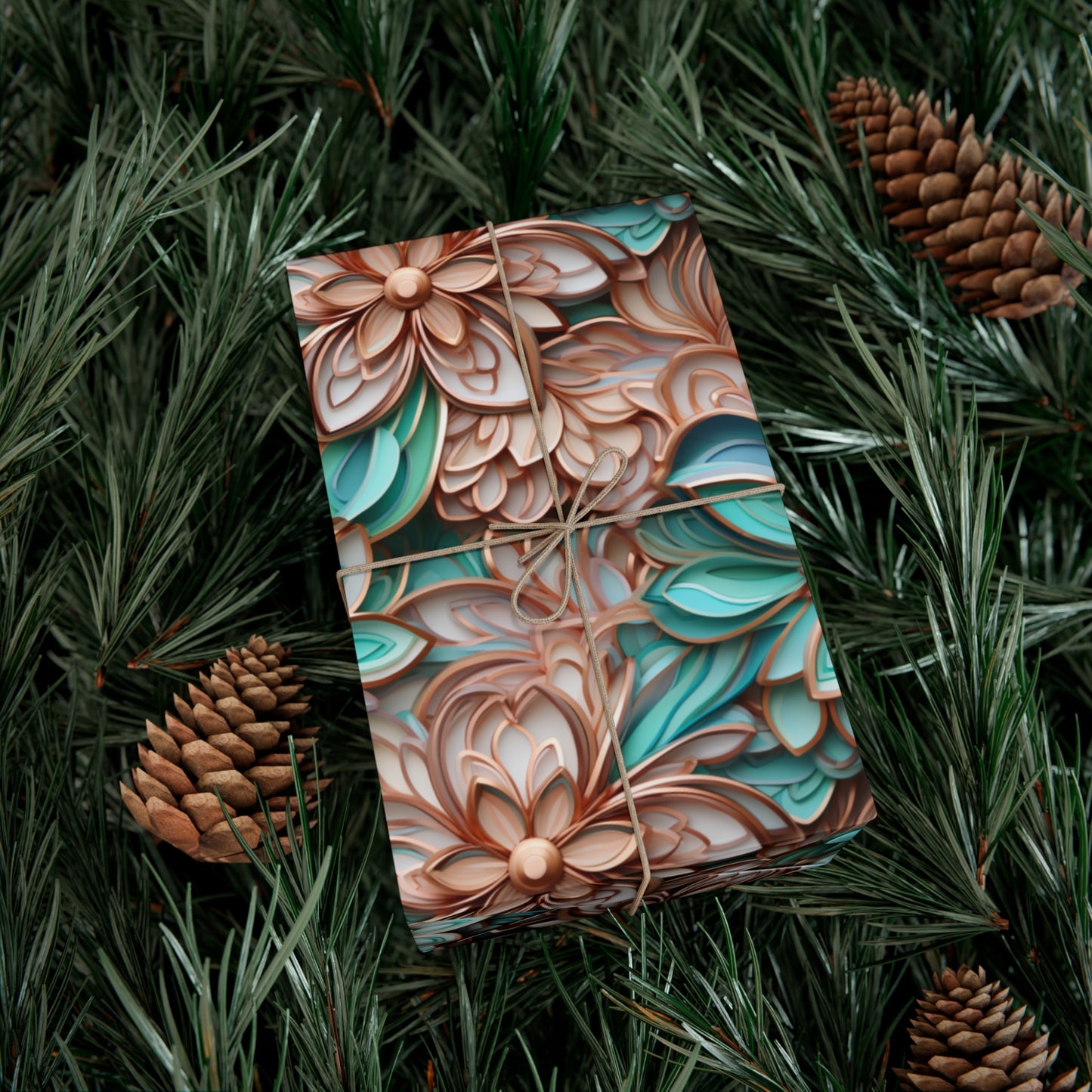 Gift Wrap Papers Rose Gold and Turquoise Cloisonne Flowers