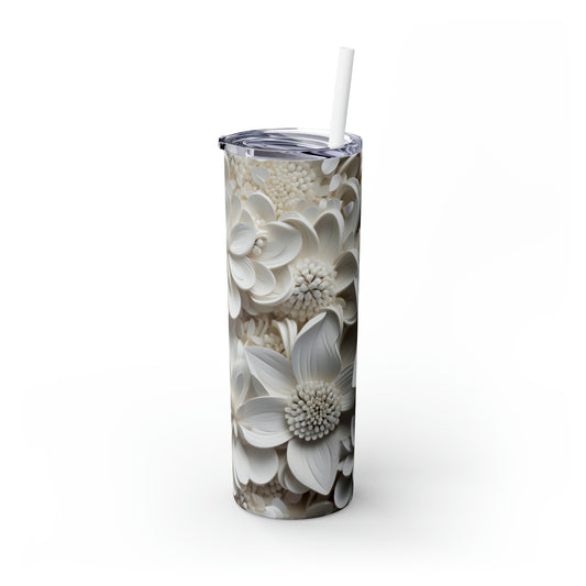 Skinny Tumbler with Straw, 20oz White 3D Flowers #2