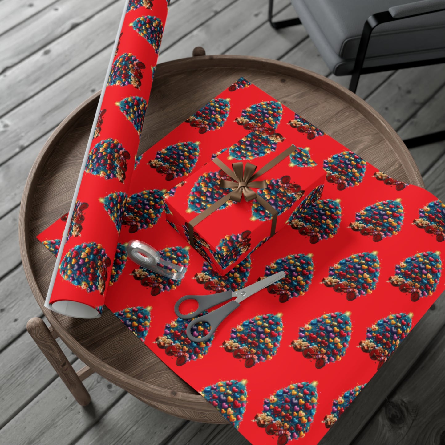 Gift Wrap Papers Christmas Tree with Hearts - red