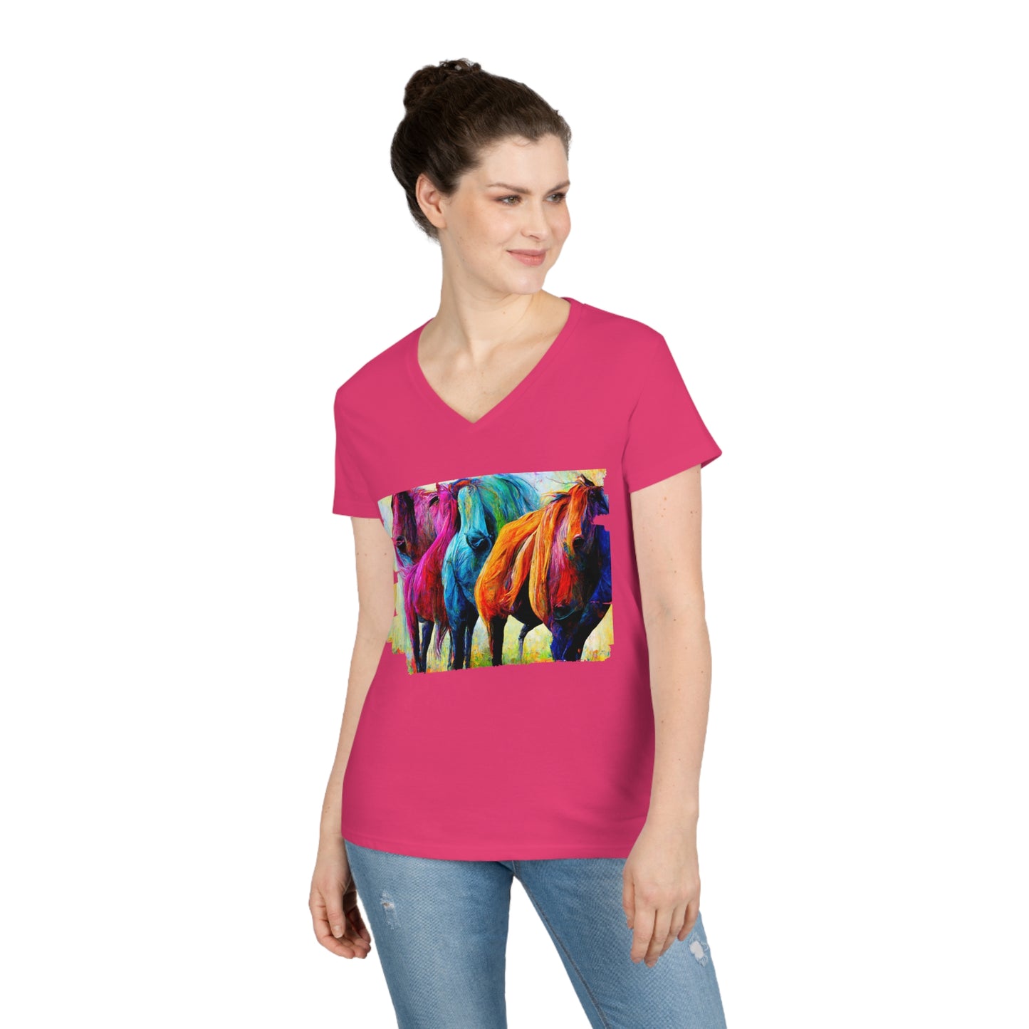 Ladies' V-Neck T-Shirt Horses 2