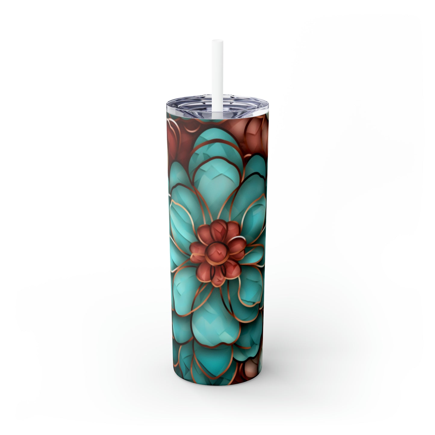 Skinny Tumbler with Straw, 20oz Rose Gold and Turquoise Flowers #2